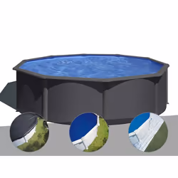 Kit piscine acier gris anthracite Gré Louko ronde 3,70 x 1,22 m + Bâche d'hivernage + Bâche à bulles + Tapis de sol