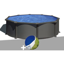 Kit piscine acier gris anthracite Gré Juni ronde 4,80 x 1,32 m + Bâche à bulles