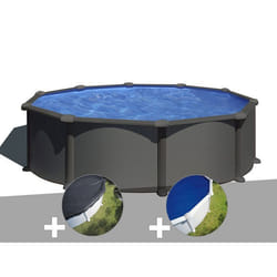 Kit piscine acier gris anthracite Gré Juni ronde 3,70 x 1,32 m + Bâche d'hivernage + Bâche à bulles