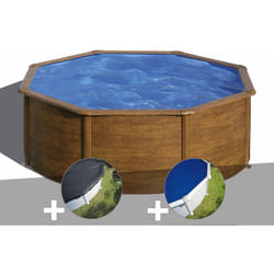 Kit piscine acier aspect bois Gré Pacific ronde 3,70 x 1,22 m + Bâche d'hivernage + Bâche à bulles