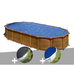 Kit piscine acier aspect bois Gré Pacific ovale 7,44 x 3,99 x 1,22 m + Bâche d'hivernage + Bâche à bulles