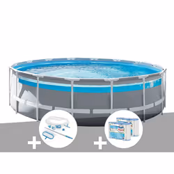 Kit piscine tubulaire Intex Prism Frame Clear Window ronde 4,88 x 1,22 m + Kit d'entretien + 6 cartouches de filtration