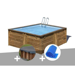 Kit piscine bois Gré Carra 3,05 x 3,05 x 1,19 m + Bâche hiver + Bâche à bulles