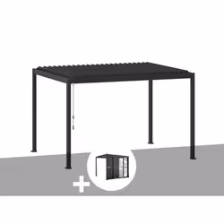 Pergola bioclimatique Evora Graphite - 4 x 3 m + Persiennes coulissantes côté 3 m - Hespéride