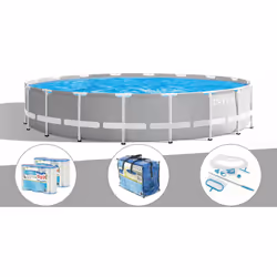 Piscine tubulaire Prism Frame ronde 5,49 x 1,22 m - Intex. Liner en PVC armé triple épaisseur gris clair. Accessoires inclus  ...