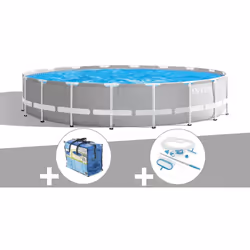 Piscine tubulaire Prism Frame ronde 5,49 x 1,22 m - Intex. Liner en PVC armé triple épaisseur gris clair. Accessoires inclus  ...