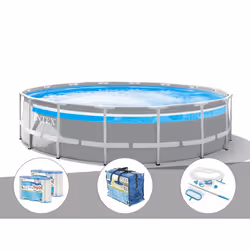 Kit piscine tubulaire Intex Prism Frame Clearview ronde 4,88 x 1,22 m + Bâche à bulles + 6 cartouches de filtration + Kit d'e ...