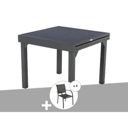 Ensemble repas table extensible alu 4/8 places Graphite + 8 fauteuils Piazza - Hespéride