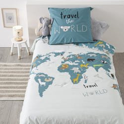 Parure de couette 140 x 200 "Carte Monde" Réversible 100% Coton / 57 Fils/cm²