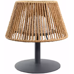 LAMPE DE TABLE LED : Standy Mini Raffy est une lampe de table LED sans fil avec un pied en acier, un abat-jour en raphia et u ...