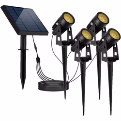 SPOT SOLAIRE LED : 4x ROUNDY est un double spot solaire relié, à base LED blanc chaud qui possède jusqu'à 10 heures d'autonom ...