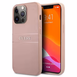Guess Saffiano Mteal Logo Stripes - Coque pour iPhone 13 Pro Max (Rose) - 3666339023508