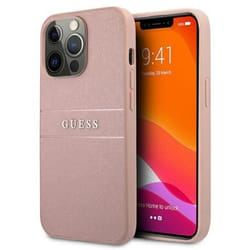 Guess Saffiano Mteal Logo Stripes - Coque pour iPhone 13 Pro Max (Rose) - 3666339023508