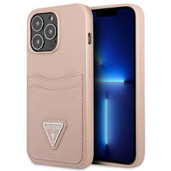 Guess Saffiano Double Card Triangle - Coque pour iPhone 13 Pro (Rose) - 3666339048143