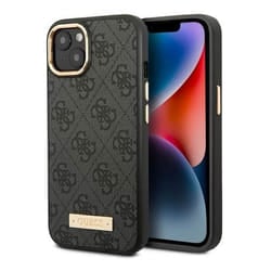 iPhone 14 Plus - Coque MagSafe GUESS Monogramme 4G & Plaque Logo Dorée (Anthracite)