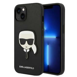 Karl Lagerfeld Coque pour iPhone 14 Plus Saffiano Karl Head Patch Protection Antichoc Rigide Noir