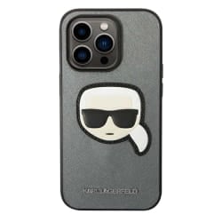 Karl Lagerfeld Coque pour iPhone 14 Pro Effet Cuir Karl Head 3D Protection Chic Argent