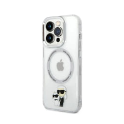 Karl Lagerfeld Coque pour iPhone 14 Pro Imprimé Karl et Choupette Compatible MagSafe Transparent
