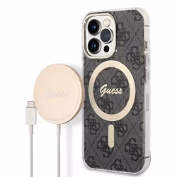 Guess Bundle Pack MagSafe 4G - Ensemble coque pour iPhone 13 Pro Max + chargeur MagSafe (Noir/Or) - 3666339102807
