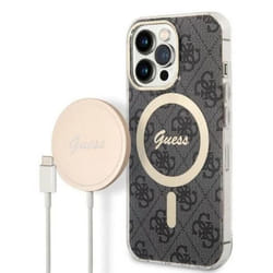 Guess Bundle Pack MagSafe 4G - Ensemble coque pour iPhone 13 Pro Max + chargeur MagSafe (Noir/Or) - 3666339102807