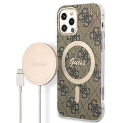 Guess Bundle Pack MagSafe 4G - Ensemble coque pour iPhone 12 / iPhone 12 Pro + chargeur MagSafe (Marron/Or) -