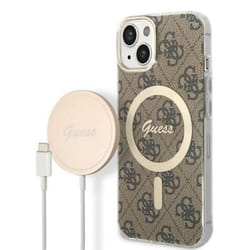 Guess Bundle Pack MagSafe 4G - Ensemble coque pour iPhone 14 Plus + chargeur MagSafe (Marron/Or) - 3666339102906