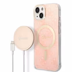 Guess Bundle Pack MagSafe 4G - Ensemble coque pour iPhone 14 Plus + chargeur MagSafe (Rose/Or) - 3666339103057