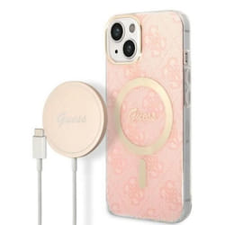 Guess Bundle Pack MagSafe 4G - Ensemble coque pour iPhone 14 Plus + chargeur MagSafe (Rose/Or) - 3666339103057