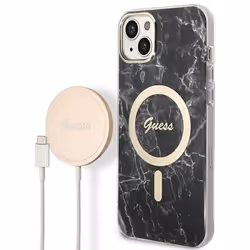 Guess Bundle Pack MagSafe IML Marble - Ensemble coque pour iPhone 14 Plus + chargeur MagSafe (Noir/Or) - 3666339103125