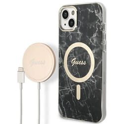 Guess Bundle Pack MagSafe IML Marble - Ensemble coque pour iPhone 14 Plus + chargeur MagSafe (Noir/Or) - 3666339103125