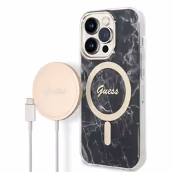 Guess Bundle Pack MagSafe IML Marble - Ensemble coque pour iPhone 14 Pro + chargeur MagSafe (Noir/Or) - 3666339103132