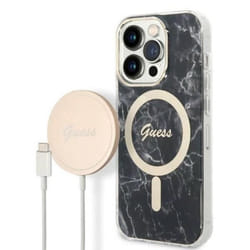 Guess Bundle Pack MagSafe IML Marble - Ensemble coque pour iPhone 14 Pro + chargeur MagSafe (Noir/Or) - 3666339103132