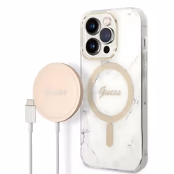 Guess Bundle Pack MagSafe IML Marble - Set coque pour iPhone 14 Pro Max + chargeur MagSafe (Blanc/Or) - 3666339103217