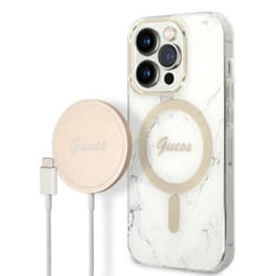 Guess Bundle Pack MagSafe IML Marble - Set coque pour iPhone 14 Pro Max + chargeur MagSafe (Blanc/Or) - 3666339103217