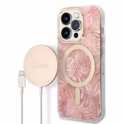 Guess Bundle Pack MagSafe IML Jungle - Set coque pour iPhone 14 Pro + chargeur MagSafe (Rose/Or) - 3666339103347