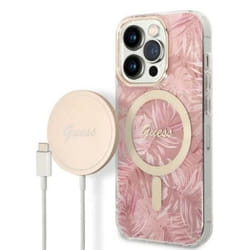 Guess Bundle Pack MagSafe IML Jungle - Set coque pour iPhone 14 Pro + chargeur MagSafe (Rose/Or) - 3666339103347