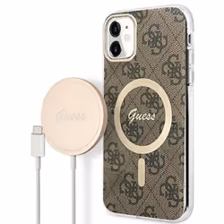 Guess Bundle Pack MagSafe 4G - Ensemble coque pour iPhone 11 + chargeur MagSafe (Marron/Or) - 3666339103385