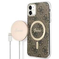 Guess Bundle Pack MagSafe 4G - Ensemble coque pour iPhone 11 + chargeur MagSafe (Marron/Or) - 3666339103385