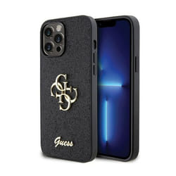 Guess Glitter Script Big 4G - Coque pour iPhone 13 Pro Max (Noir)