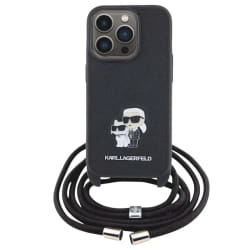 Karl Lagerfeld Coque pour iPhone 15 Pro Saffiano avec Cordon Tour de Cou Rigide Noir