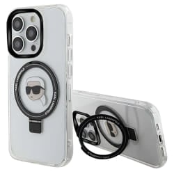 Karl Lagerfeld Coque MagSafe pour iPhone 15 Pro avec Anneau Karl Head Blanc