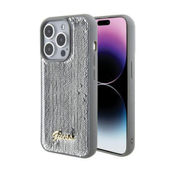Guess Sequin Script Metal - Coque pour iPhone 15 Pro Max (Argent)