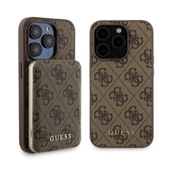 Guess Bundle Pack MagSafe 4G Metal Gold Logo - Ensemble étui + Power Bank 5000mAh MagSafe iPhone 15 Pro (marron)