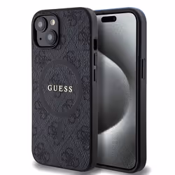Coque pour iPhone 15 - Guess 4G Ring Classic Classic Logo MagSafe (GUHMP15SG4GFRK) - Noir