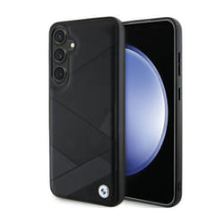 Étui pour Samsung Galaxy S24 - BMW - Cuir véritable - Motif lignes croisées - Noir - Semi-rigide