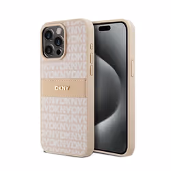 Coque pour smartphone - DKNY - iPhone 15 Pro Max - Cuir Mono Stripe - Logo Métal - Rose