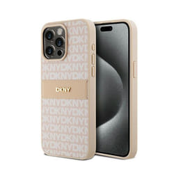 Coque pour smartphone - DKNY - iPhone 15 Pro Max - Cuir Mono Stripe - Logo Métal - Rose