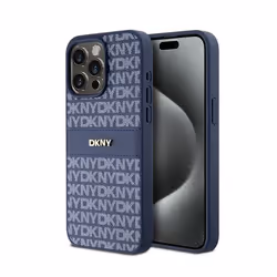 Étui pour iPhone 15 Pro Max - DKNY - Mono Stripe - Cuir Bleu - Coque Rigide - Logo Métallique