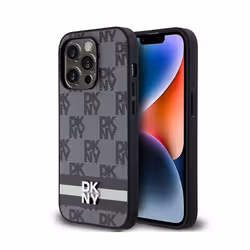 Coque pour smartphone - DKNY - iPhone 14 Pro - Cuir noir - Motif carreaux et rayures - Protection chocs