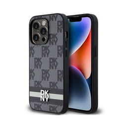 Coque pour smartphone - DKNY - iPhone 14 Pro - Cuir noir - Motif carreaux et rayures - Protection chocs